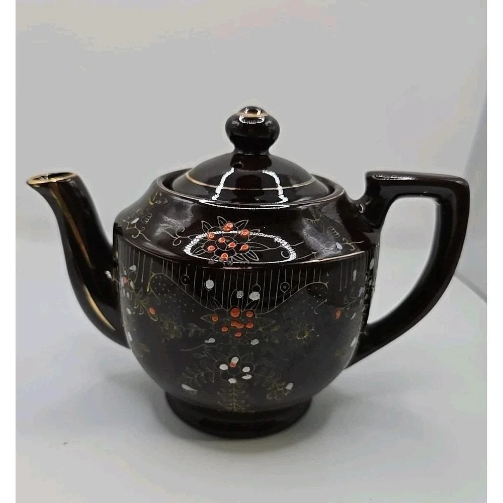 VTG gold trim HAND PAINTED Dark Brown TEA POT teapot MADE IN JAPAN 1960s vintage